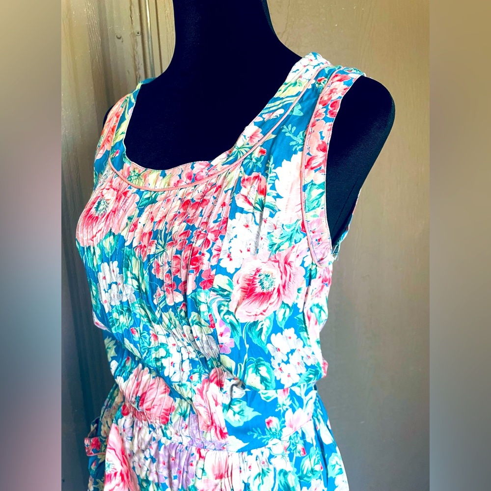 RARE Rene Derhy Vintage Floral Midi Dress Pink Blue White Country Cottage S